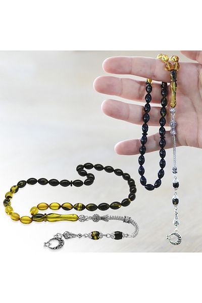 Tesbihane Ayyıldız Non-Tarnish Metal Tassel Barley Cut Filtered Yellow Black Fire Amber Prayer Beads