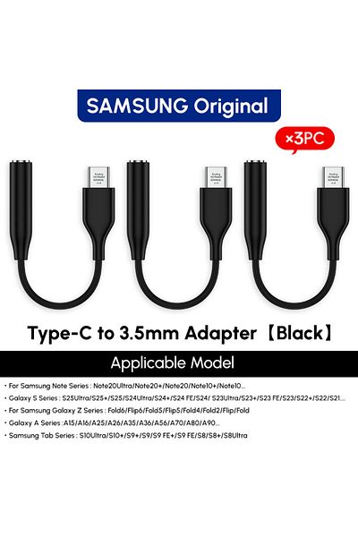 Samsung Black 3pcs Original Type C To 3.5mm Jack AUX Adapter for S25 S24 S23 3.5mm Headphone