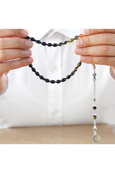 Tesbihane Ayyıldız Non-Tarnish Metal Tassel Barley Cut Filtered Yellow Black Fire Amber Prayer Beads