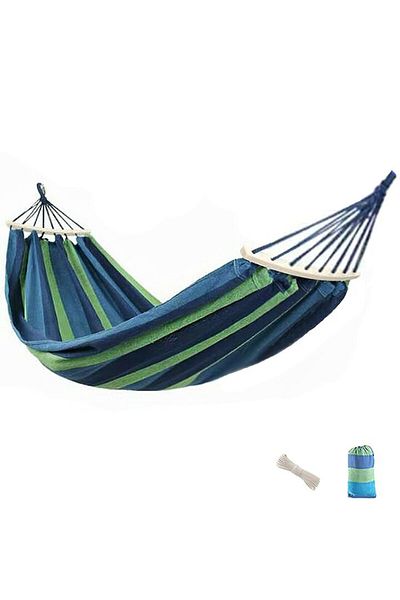 FreeBiz Double Hammock with Wooden Bar, FreeBiz®, Cotton, Blue