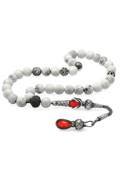 Tesbihane 1000 Sterling Silver Kazaz Tasseled Globe Cut Faceted Howlite Natural Stone Rosary