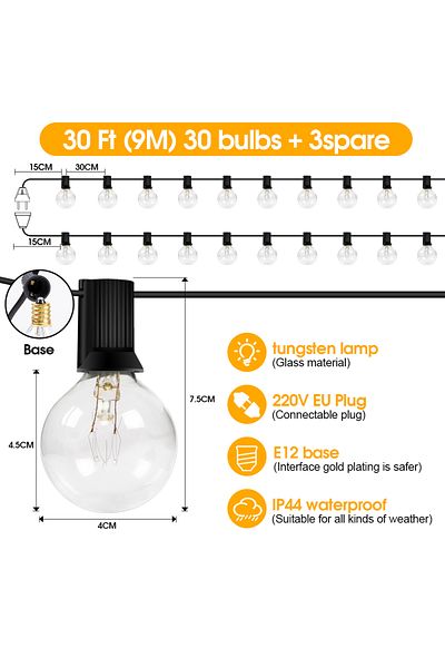 Choice EU Plug 9m 30 bulbs 15M G40 Tungsten Patio Outdoor Garland String Lights, IP65 220V Connectable Hang