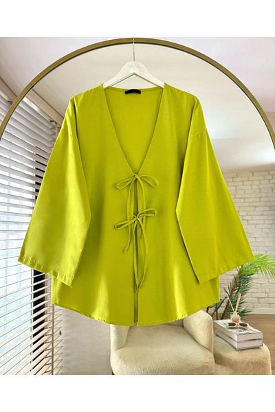 Giyim Gezegeni Tie Front Kimono Tunic Fat Green Oversize New Season Comfortable Fit Tie Front 2 Laces