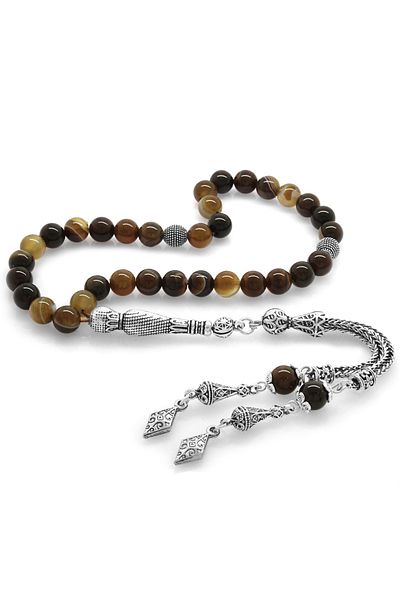 Tesbihane Non-Tarnish Metal Tasseled Globe Cut Madagascar Agate Natural Stone Rosary