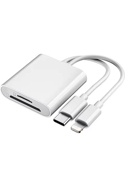 Choice قارئ بطاقات 2 في 1 أبيض، محول بطاقات SD/TF بمنفذ Lightning وUSB-C، قارئ بطاقات متعدد الفتحات، قابس و