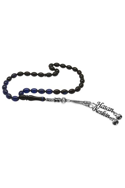 Tesbihane 1000 Sterling Silver Double Kazaz Tasseled Barley Cut Name Written Blue Crimping Amber Prayer Beads