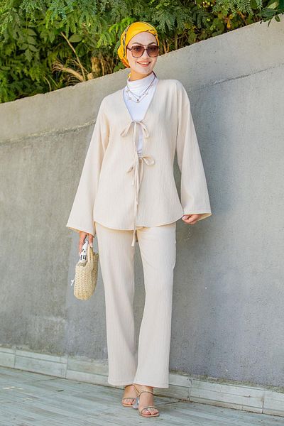 Tesettür Çarşım Mira Boucle Fabric Tunic Pants Set-Beige