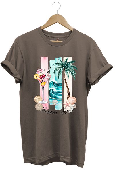 WİDİ Тениска Summer Vibes с летен коктейл, палмови и морски мотиви, 100% памучен модел, стандартна кройка
