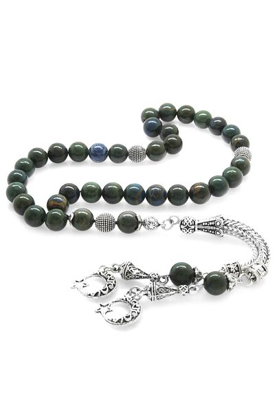 Tesbihane Non-Tarnish Metal Crescent and Star Tasseled Globe Cut Blood Stone Natural Stone Rosary