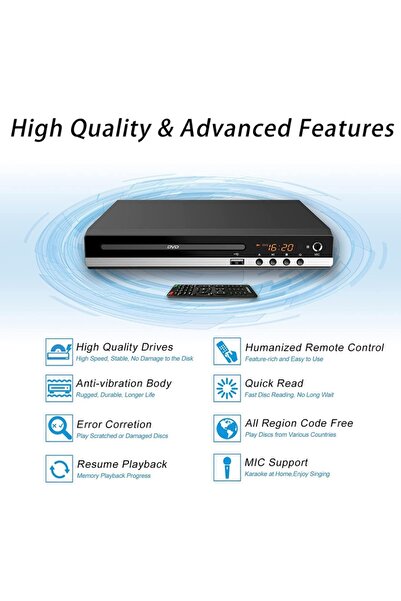 Choice مشغل أقراص DVD بمقبس الاتحاد الأوروبي 220 فولت، صندوق مشغل أقراص DVD منزلي عالي الدقة بدقة 1080 بكسل للتلفزيون ومشغل أقراص DVD وCD ومخرج AV