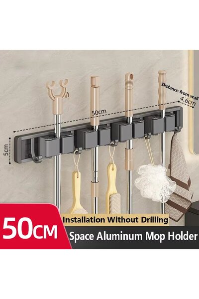 Choice5 Grey 4 buckles Wall Mounted Mop & Broom Organizer Rack with 5 Hooks S...