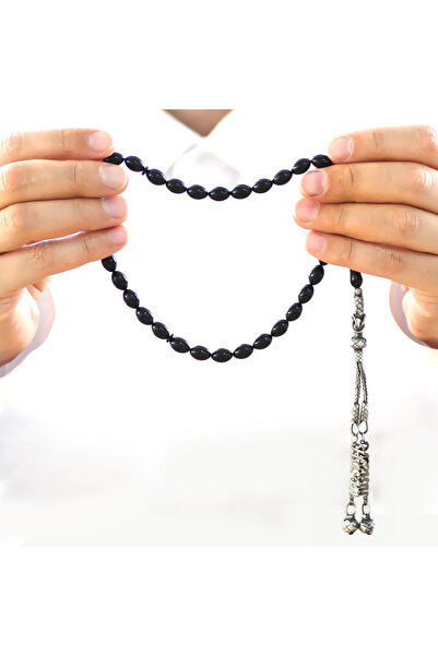 Tesbihane 1000 Sterling Silver Double Kazaz Tasseled Barley Cut Name Written Black Crimping Amber Prayer Beads