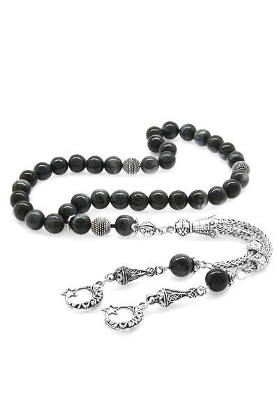 Tesbihane Non-Tarnish Metal Crescent Star Tasseled Globe Cut Gray Turtle Eye Natural Stone Rosary