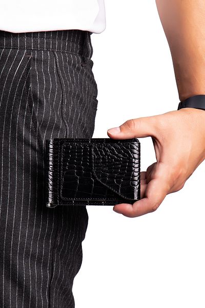 Niki Leather Rafel Black Crocodile Genuine Leather Wallet with Money Clip and Magnet Cover
