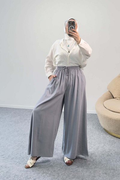 Hatun Atila Casual Palazzo Modal Trousers with Elastic Waist 5221 - Gray