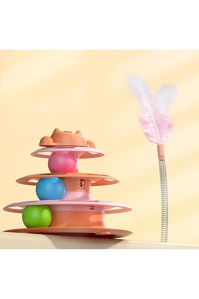 Choice pink 1pcs 4-Layer Feather Cat Turntable With Fun Toy Ball And Playing Stick - Interactive Toy For Ca