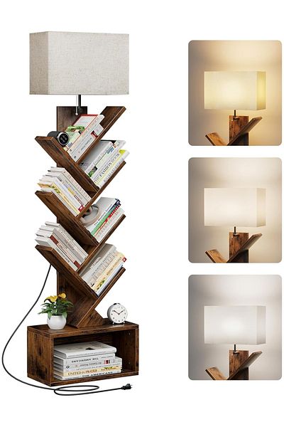 sharpdo 6-Layer Solid Wood Bookshelf Floor Lamp with Light for Book Storage, Suitable for Living Room