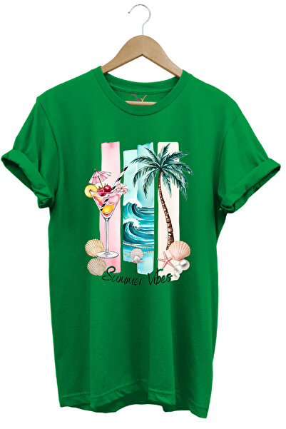 WİDİ تي شيرت Summer Vibes ذو طابع صيفي ونخيل وبحري منقوش من القطن بنسبة 100% بقصة عادية