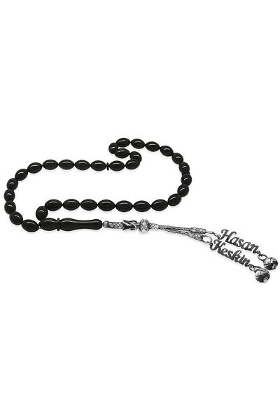 Tesbihane 1000 Sterling Silver Double Kazaz Tasseled Barley Cut Name Written Black Crimping Amber Prayer Beads