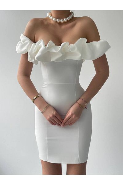 OLSAMODA Women's Atlas Fabric Collar Ruffle Low Sleeve Mini Pop Evening Dress