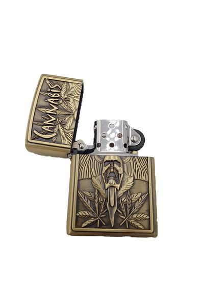 dalimag Metal lighter, 3D relief, gas, cannabis model 2, green, box, 60 mm x 40 mm x 15 mm