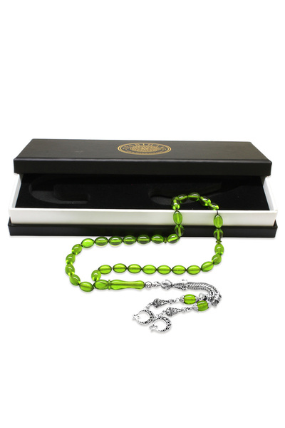 Tesbihane Non-Tarnish Metal Crescent Star Tasseled Barley Cut Water Green Fire Amber Prayer Beads