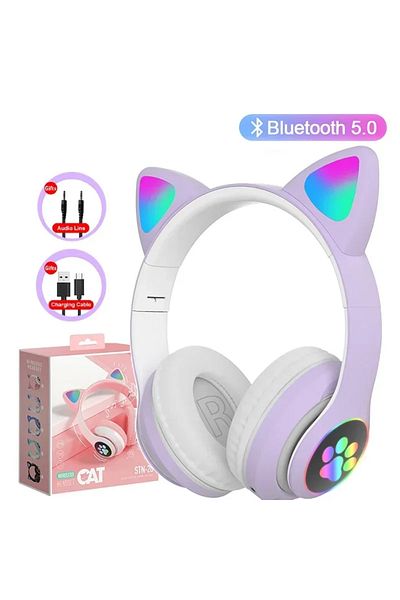 Vikefon Purple 2025 Flash Lamp Cute Cat Ears Headphone Bluetooth5.0 Stereo With Mic Support TF Card Wireless