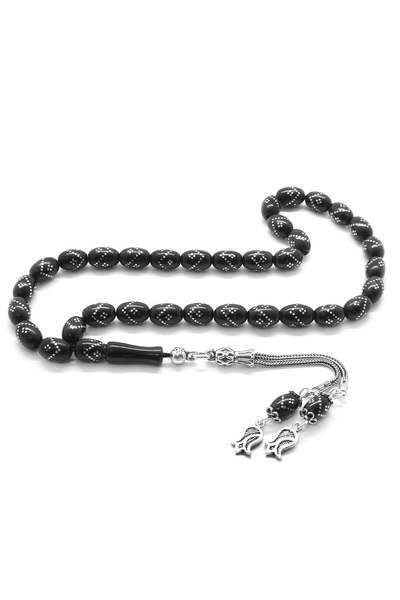 Tesbihane 925 Ayar Gümüş Püsküllü Gümüş Tek Zigzag İşlemeli Arpa Kesim Rus Oltu Tesbih