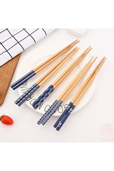 Choice 5Pairs Blue Reusable 5Pairs Tableware Handmade Bamboo Japanese Natural Wood Chopsticks Sushi Food Ca