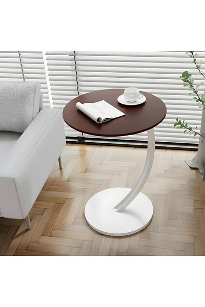 rexa Modern Round Wood & Black Metal Side Table - Curved Base Accent Table