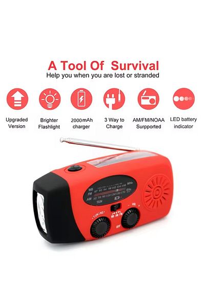 Choice Red Emergency Solar Radio with Handle, Portable 3-Mode Flashlight SOS Siren Cell Phone Charger Campi