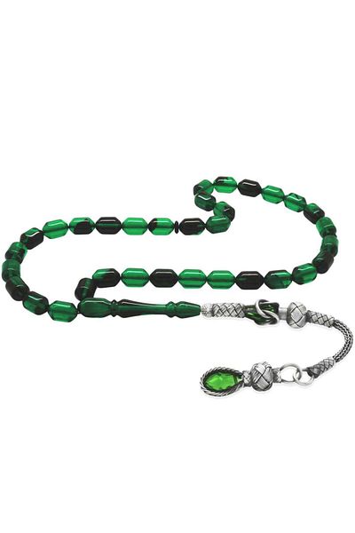 Tesbihane 1000 Sterling Silver Kazaz Tasseled Tip Capsule Cut Transparent Green Black Fire Amber Prayer Beads