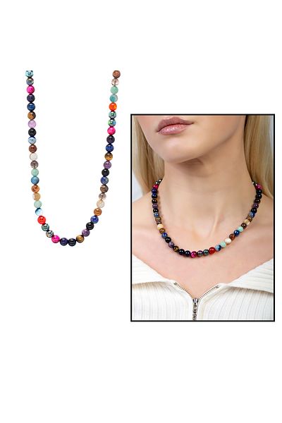 Tesbihane Globe Cut Chakra Natural Stone Combination Women's Success Necklace