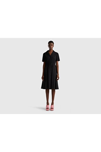 United Colors of Benetton Women's Midi Cotton Shirt Dress with Front Buttons