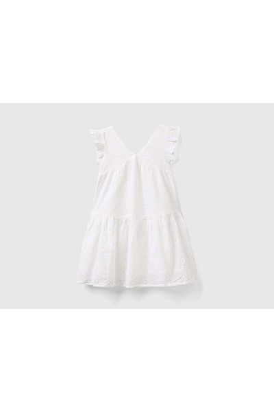 United Colors of Benetton Girls' V-Neck Dress with Ruffled Lace Sleeves and Floral Design