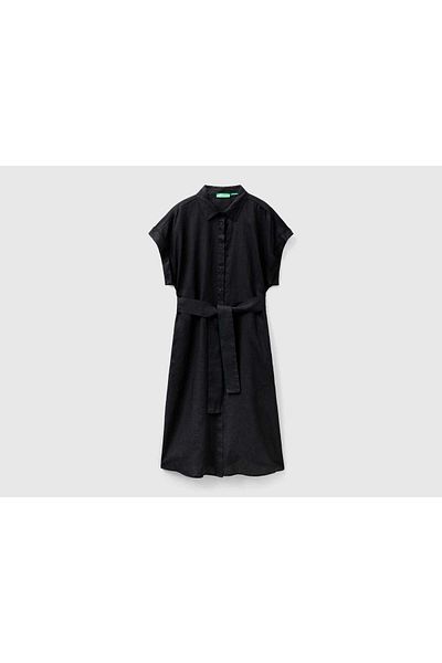 United Colors of Benetton Midi Dress with Short Sleeves and Waist Belt
