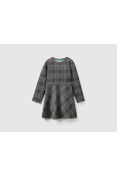 United Colors of Benetton Girls' Printed Viscose Dress with Round Neck and Long Sleeves