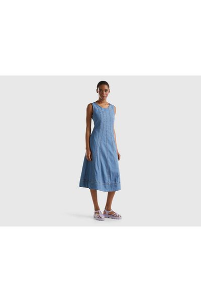 United Colors of Benetton Denim Midi Dress with Zipper and Decorative Details