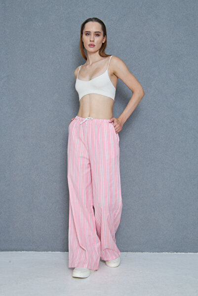 NEW LAVİVA Women's Brode Detailed Striped Poplin Trousers 700-3757