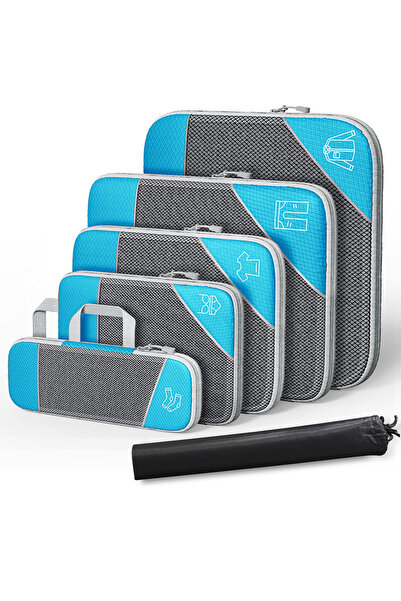 Choice مجموعة مكعبات التعبئة المضغوطة من SKY BLUE، حقيبة سفر شبكية قابلة للتو...