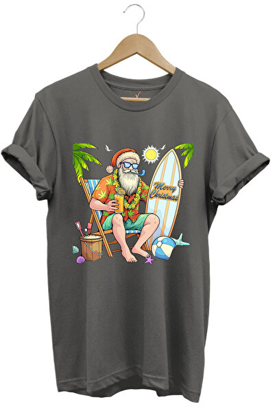 WİDİ Crăciun Fericit Vară Tematică Pe plajă Moș Crăciun Imprimat 100% bumbac Tricou unisex Regular Fit