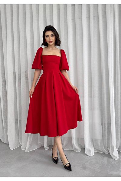 OLSAMODA Women's Atlas Fabric Square Neck Balloon Sleeve Blouse Cut Midi Length Wedding Wedding Invitation Dress