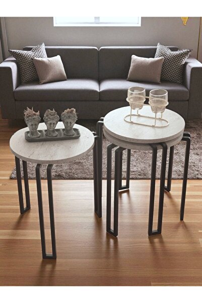 Bye Concept More DEKORATİF 3’LÜ ZİGON SEHPA METAL AYAKLI BEYAZ AHŞAP YUVARLAK MİSAFİR SERVİS SEHPASI ORTA SEHPA