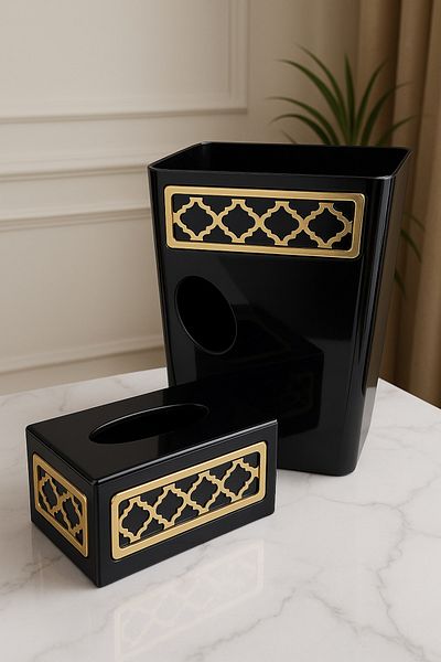 Living Square Acrylic Trash Bin & Rectangular Tissue Box – Black with Gold Accents