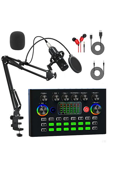 Choice Black Microphone Set Podcast Equipment Bundle with BM800 Studio Microphone, Live Sound Card with DJ