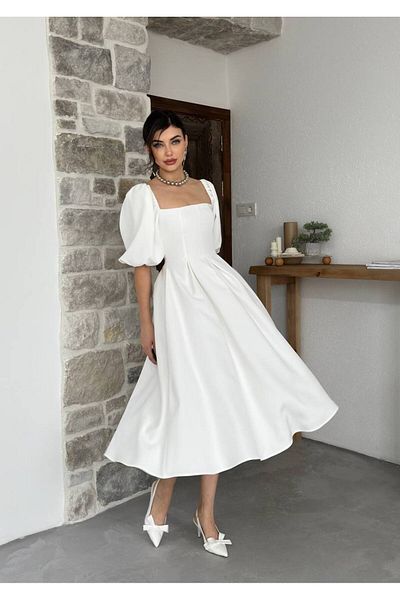 OLSAMODA Women's Atlas Fabric Square Neck Balloon Sleeve Blouse Cut Midi Length Wedding Wedding Invitation Dress