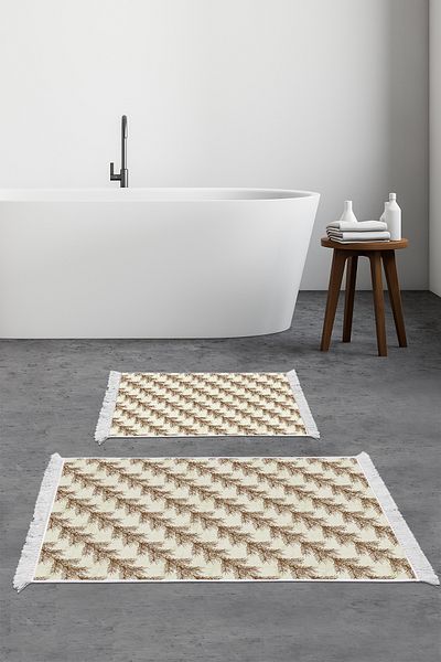 Alanur Home Αντιολισθητική βάση Djt Σετ τουαλέτας Star Cotton Fringe Vintage AL5010 Μπεζ