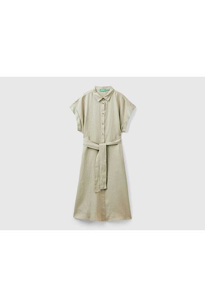 United Colors of Benetton Midi Dress with Short Sleeves and Waist Belt