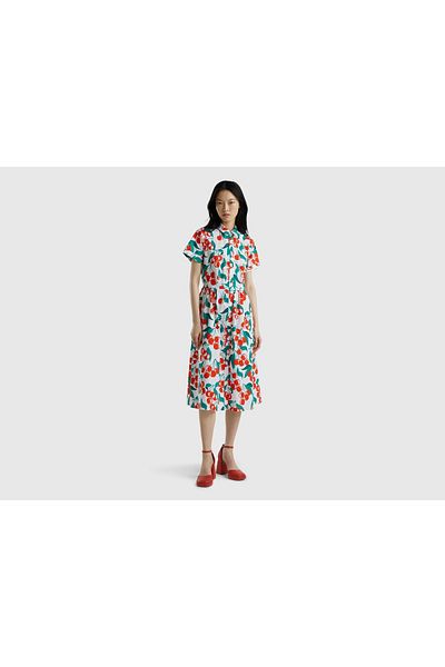 United Colors of Benetton Women's Midi Shirt Dress with Cherry Print