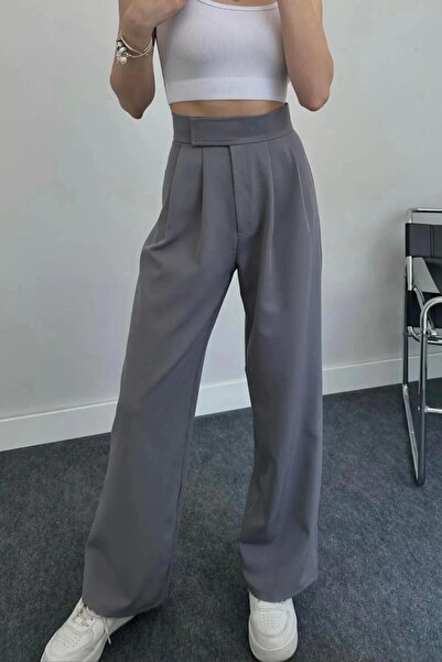 BILDEŞA Kadın Yüksek Bel Beli Lastikli Cırtlı Palazzo Pantolon Ispanyol Bol Paça Kumaş Pantolon